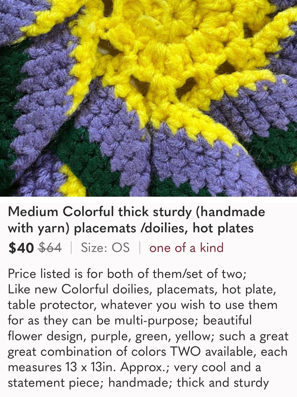 Vintage, Handmade-Yellow, Purple & Green Crochet Placemats - Set of 2